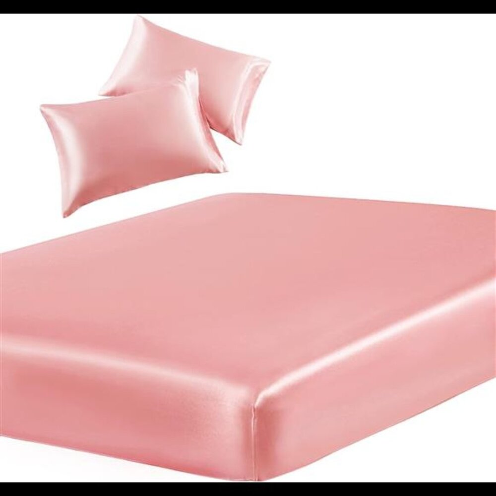 3-Piece Set Satin Full Fitted Sheet & 2 Pillowcase, Blush Pink Silky Soft Fitted